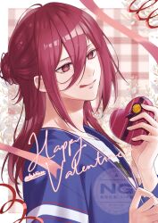  1boy :q blue_lock chigiri_hyoma closed_mouth commentary hair_between_eyes hair_bun happy_valentine highres long_hair male_focus red_eyes red_hair single_hair_bun solo streamers tongue tongue_out tsukky twitter_username watermark 