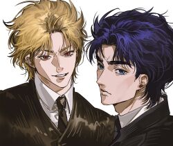  2boys alternate_costume black_jacket black_necktie blonde_hair blue_eyes blue_hair brown_eyes collared_shirt corraboar dio_brando hashtag-only_commentary highres jacket jojo_no_kimyou_na_bouken jonathan_joestar looking_at_viewer male_focus messy_hair multiple_boys necktie parted_lips phantom_blood shirt smile step-siblings suit suit_jacket white_shirt 