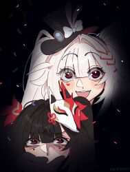  2girls :d black_hair black_hat bow commentary covering_another's_mouth english_commentary facial_mark fox_mask gagged hand_gagged hand_over_another's_mouth hat hat_bow heart honkai:_star_rail honkai_(series) long_hair mark_under_both_eyes mask mask_on_head meme multiple_girls open_mouth red_eyes smile sparkle_(honkai:_star_rail) sparxie_(honkai:_star_rail) unfamousradish white_bow white_hair 