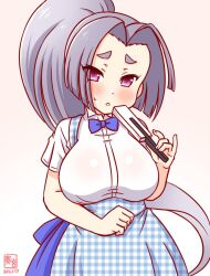  1girl apron blue_apron blue_bow blue_bowtie blue_skirt blush bow bowtie breasts cowboy_shot folded_fan folding_fan gingham_apron gingham_clothes hair_ribbon hand_fan hatsuharu_(kancolle) high-waist_skirt kanon_(kurogane_knights) kantai_collection kobeya_uniform large_breasts long_hair looking_at_viewer pleated_shirt ponytail purple_hair ribbon shirt short_eyebrows short_sleeves skirt smile solo sweatdrop very_long_hair violet_eyes waitress white_background white_shirt 