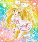  ayuayu blonde_hair blush bow character_name cure_rhythm dress hair_bow long_hair magical_girl minamino_kanade precure rainbow_background solo star starry_background suite_precure title_drop 