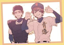  2boys ace_of_diamond baseball_cap baseball_helmet baseball_jersey baseball_uniform belt black_belt border brown_eyes brown_hair chest_protector claw_pose commentary_request goggles grin hand_on_another's_shoulder hat helmet jersey layered_sleeves long_sleeves looking_at_viewer male_focus miyuki_kazuya multiple_boys pants sawamura_eijun short_hair short_over_long_sleeves short_sleeves smile sportswear twitter_username white_border white_pants xi_yuu 
