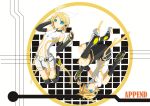  blonde_hair blue_eyes choker detached_sleeves hairclip headphones highres kagamine_len kagamine_len_(append) kagamine_rin kagamine_rin_(append) leg_warmers len_append navel ponytail popped_collar rin_append see_through short_hair short_shorts shorts upside_down vocaloid vocaloid_append 