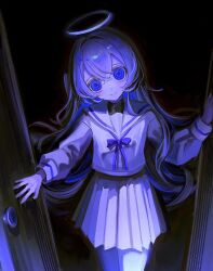  1girl @_@ blue_bow blue_bowtie blue_eyes blue_theme bow bowtie closed_mouth cowboy_shot hair_intakes halo head_tilt highres long_hair looking_at_viewer miniskirt momosu_momo open_door original sailor_collar school_uniform serafuku shirt sidelocks skirt smile solo traditional_halo white_sailor_collar white_serafuku white_shirt white_skirt wide-eyed 