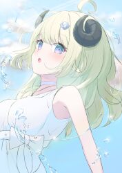  1girl :o ahoge animal_ears arched_back blonde_hair blue_eyes blue_sky blush bow breasts choker commentary_request curled_horns dress empire_waist from_side hair_ornament hairclip highres hololive horns jewelry long_hair medium_breasts mizuhi_kou necklace open_mouth sheep_ears sheep_girl sheep_horns silver_necklace sky solo sundress tsunomaki_watame upper_body virtual_youtuber waist_bow water_drop white_choker white_dress 