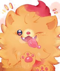  artist_name closed_mouth colored_tips commentary condensation english_commentary fangs looking_at_viewer mpupu multicolored_hair notice_lines one_eye_closed orange_fur pawpads pokemon pokemon_ww pombon signature smile tongue tongue_out window_fog 