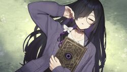  1girl absurdres alumina_bloomveil black-framed_eyewear black_hair blush book braid cardigan choker closed_eyes collarbone glasses grass grimoire hair_over_one_eye hand_up highres holding holding_book indie_virtual_youtuber long_hair looking_at_viewer lying on_back open_mouth petite purple_cardigan ribbon round_eyewear shirt sleeping solo virtual_youtuber white_ribbon white_shirt yohia 