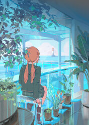  1girl absurdres arm_support balcony bird boots brown_boots chinese_commentary clouds commentary_request counter cuff_links cup day drinking_glass electrical_outlet facing_away from_behind full_body glass green_jacket green_skirt hair_ornament hairclip hanxiaodan highres indoors jacket lighthouse long_hair long_sleeves low_twintails miniskirt ocean orange_hair original parallel_hairclips plaid_clothes plaid_skirt plant potted_plant reflective_floor scenery sitting skirt solo stool table tile_floor tiles twintails wooden_table 