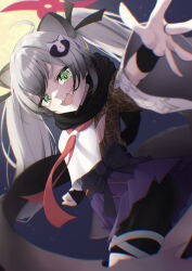  1girl :3 :d ahoge animal_ears backlighting bike_shorts black_ribbon black_scarf black_shorts blue_archive blush clenched_hand commentary_request cowboy_shot dutch_angle extra_ears fang floating_scarf full_moon green_eyes grey_hair hair_between_eyes hair_ribbon halo highres kimagurain long_hair long_sleeves looking_at_viewer michiru_(blue_archive) miniskirt moon moonlight neckerchief night ninja open_mouth outdoors outstretched_arm outstretched_hand pleated_skirt purple_skirt raccoon_ears raccoon_girl raccoon_hair_ornament raccoon_tail red_halo red_neckerchief ribbon scarf school_uniform shirt shorts skirt smile solo tail thick_eyebrows twintails upskirt v-shaped_eyebrows very_long_hair white_shirt wide_sleeves 