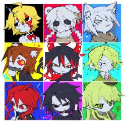  ... 4girls 5boys :3 ahoge angel animal_ears antenna_hair aqua_background bear_ears bear_girl black_background black_choker black_dress black_eyes black_hair black_jacket black_sclera black_shirt blonde_hair blood blood_on_face blue_background border bow bowtie braid brown_bow brown_coat brown_dress brown_hair brown_hat brown_scarf brown_shirt buttons cat_ears cat_girl cat_tail choker closed_mouth clover coat collared_shirt colored_sclera colored_skin commentary demon_boy demon_horns demon_wings dot_nose dress expressionless fiore_(funamusea) fish fish_hook fish_in_mouth funamusea fur-trimmed_coat fur_trim green_background green_eyes green_hair green_vest halo hat hat_bow highres horns ice_scream index_finger_raised ivlis_(funamusea) jacket jitome lobco_(funamusea) long_hair looking_at_viewer looking_to_the_side mian_(mian_eee) middle_finger multicolored_hair multiple_boys multiple_girls nio_(funamusea) no_mouth olive_(funamusea) one_eye_closed oounabara_to_wadanohara open_mouth pinafore_dress pink_background pointy_ears poison_bugs red_background red_bow red_bowtie red_eyes red_hair red_sclera rocma_(funamusea) scarf scor_(funamusea) shirogane_(funamusea) shirt short_hair sleeveless sleeveless_dress sparkle speech_bubble spoken_ellipsis streaked_hair tail tsuribari_(funamusea) twin_braids untranslatable_commentary vest white_background white_border white_eyes white_hair white_hat white_shirt white_skin wings wolf_boy wolf_ears yellow_background yellow_eyes 
