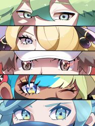  2girls 3boys aqua_eyes aqua_hair blonde_hair brown_eyes brown_hair canari_(pokemon) cynthia_(pokemon) eye_focus green_eyes green_hair grey_eyes grusha_(pokemon) hair_over_one_eye hat highres mask mouth_mask multicolored_hair multiple_boys multiple_girls n_(pokemon) pokemon pokemon_bw pokemon_day pokemon_dppt pokemon_frlg pokemon_legends:_z-a pokemon_sv red_(pokemon) scarf split-color_hair touyarokii white_hat 