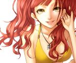  bad_id bikini cnfam earrings jewelry kujikawa_rise long_hair necklace persona persona_4 red_hair redhead simple_background smile solo swimsuit yellow_eyes 