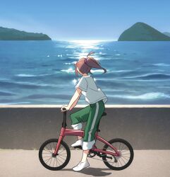  1girl bicycle blue_sky commentary_request goto_akira green_pants highres hotechige ikizulive!_love_live!_bluebird looking_afar love_live! ocean official_art outdoors pants ponytail red_hair riding riding_bicycle shirt shoes sky solo water white_shirt white_shoes 