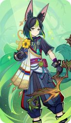  1boy animal_ear_fluff animal_ears asymmetrical_sleeves bad_source black_gloves black_hair black_pants blue_pants blunt_ends bob_cut bow_(weapon) brown_eyes cape capri_pants closed_mouth drawstring earrings expressionless flower fox_boy fox_ears fox_tail genius_invokation_tcg_(style) genshin_impact gloves green_cape green_eyes green_hair hair_between_eyes holding holding_bow_(weapon) holding_weapon hood hood_down hoodie jewelry king's_squire_(genshin_impact) light_particles light_rays long_sleeves looking_at_viewer male_focus multicolored_eyes multicolored_hair multicolored_hoodie multicolored_pants official_art pants plant pouch purple_sash rope sash short_hair short_sleeves single_earring solo standing streaked_hair tail tassel tighnari_(genshin_impact) two-tone_eyes uneven_sleeves vines vision_(genshin_impact) weapon wrist_cuffs yellow_flower 