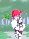  armor bandana copyright_request d@i foreshortening forest gauntlets green_eyes nature open_mouth polearm purple_hair short_hair solo spear tree weapon 