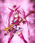  aqua_eyes arm_up bow cure_melody earrings guitar heart houjou_hibiki instrument jewelry kamen_rider kamen_rider_hibiki kamen_rider_hibiki_(series) kamen_rider_todoroki long_hair magical_girl namesake nekomamire pink pink_background pink_hair pink_legwear precure skirt solo suite_precure thigh-highs thighhighs twintails very_long_hair wink wrist_cuffs 