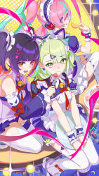  3girls absurdres alternate_costume angels_of_delusion animal_ear_hairband animal_ears aqua_hair aria_(zenless_zone_zero) bell black_dress black_hair blue_eyes cat_ear_hairband cat_ears closed_mouth colored_inner_hair commentary_request crosshair_pupils detached_sleeves dress earrings fake_animal_ears food frilled_dress frilled_sleeves frills fruit ghost_hair_ornament green_eyes green_hair hair_between_eyes hair_ornament hairband heart heart_earrings heart_hair_ornament highres holding holding_food holding_fruit holding_tray jewelry lemon lemon_slice looking_at_viewer maid maid_headdress multicolored_hair multiple_girls multiple_hair_clips nangong_yu neck_bell official_alternate_costume open_mouth pink_hair red_bag red_eyes rx-c seiza short_twintails sitting sparkle star_(symbol) star_hair_ornament sunna_(afternoon_tea_break)_(zenless_zone_zero) sunna_(zenless_zone_zero) thigh-highs tongue tongue_out tray twintails white_thighhighs white_wings winged_bag wings zenless_zone_zero 