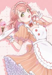  1girl ai_scream!_(love_live!) apron brown_eyes commentary_request dress food hair_bun hair_ornament hairclip highres holding holding_tray ice_cream ice_cream_cone love_live! love_live!_nijigasaki_high_school_idol_club maid maid_apron maid_headdress open_mouth orange_dress pink_background pink_hair single_hair_bun solo striped_clothes striped_dress tomoe_(tomoe_200) tray uehara_ayumu vertical-striped_clothes vertical-striped_dress 