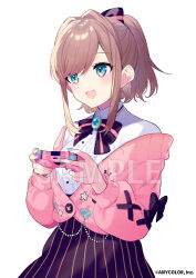  1girl blush bow bowtie breasts brown_hair cardigan center_frills collared_shirt commentary_request company_name controller copyright_notice fingernails frilled_shirt frills game_controller gem green_eyes green_gem green_nails hair_bow heart_pin high-waist_skirt holding holding_controller holding_game_controller long_sleeves medium_hair multicolored_nails nail_polish nijisanji official_art open_mouth pink_bow pink_bowtie pink_cardigan pink_nails ponytail purple_bow purple_bowtie purple_skirt saine sample_watermark shirt simple_background skirt smile solo star_pin striped_bow striped_bowtie striped_clothes striped_skirt suzuhara_lulu suzuhara_lulu_(1st_costume) swept_bangs two-tone_bow two-tone_bowtie vertical-striped_clothes vertical-striped_skirt virtual_youtuber watermark white_background white_shirt 