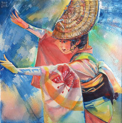  1girl amigasa artist_name awa_odori_tokushima black_hair commentary dancing english_commentary highres japanese_clothes kimono making-of_available original painting_(medium) parted_lips profile solo tatti_art traditional_media watercolor_(medium) 