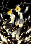  arm_warmers back-to-back bad_id bare_shoulders blonde_hair brother_and_sister closed_eyes detached_sleeves eyes_closed fingerless_gloves gloves hair_ornament hair_ribbon hairclip hand_holding headphones highres holding_hands kagamine_len kagamine_len_(append) kagamine_rin kagamine_rin_(append) leg_warmers nail_polish navel ribbon short_hair shorts shuon siblings twins vocaloid vocaloid_append 