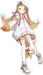  1girl absurdres artist_name backwards_hat braid chain chis-a chis-a_(talk) colored_inner_hair commentary_request full_body green_hair hat headset high_tops highres holster jacket kari_kenji long_hair long_sleeves microphone multicolored_hair orange_hair pantyhose shirt shoes simple_background single_braid single_leg_pantyhose single_thighhigh sleeves_past_wrists sneakers solo standing standing_on_one_leg stuffed_animal stuffed_toy thigh-highs thigh_holster voisona white_background white_hat white_jacket white_pantyhose white_shirt white_thighhighs 