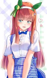 1girl absurdres animal_ears apron blue_apron blue_bow blue_bowtie blue_eyes blue_skirt blunt_bangs blush bow bowtie breasts checkered_apron checkered_clothes collared_shirt commentary_request ear_covers employee_uniform gingham_apron gingham_clothes green_eyes hair_ornament hairband heart highres hime_cut horse_ears horse_girl kakikakilemon kobeya kobeya_uniform long_hair looking_at_viewer open_mouth orange_hair plaid_apron plaid_clothes pleated_shirt shirt short_sleeves silence_suzuka_(umamusume) skirt small_breasts smile solo umamusume waitress white_hairband white_shirt 