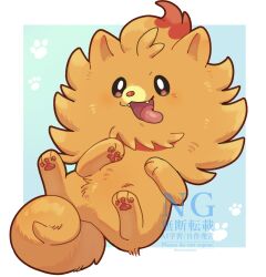  baniranandayo colored_tips commentary_request fangs highres looking_at_viewer multicolored_hair open_mouth orange_fur paw_print pawpads pokemon pokemon_(creature) pokemon_ww pombon smile tail watermark 