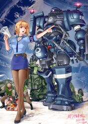  1girl 2025 3boys absurdres arm_tattoo armband armor armored_personnel_carrier armored_vehicle arrest artist_name baton_(weapon) belt belt_buckle black_shoes blonde_hair blue_armor blue_choker blue_necktie blue_skirt brown_belt brown_pantyhose buckle cat_necklace choker colony_interior commentary_request crossover cuffs damaged dated facial_tattoo girls_frontline glowing glowing_eyes grizzly_mkv_(girls'_frontline) gun gundam gundam_gquuuuuux hair_bun handcuffs handgun hat high_heels highres holding holding_baton holding_weapon holster joints mecha megaphone military_hat military_uniform military_vehicle miniskirt misogram mobile_suit mohawk motor_vehicle multiple_boys necktie no_pupils one-eyed orange_eyes pantyhose pointing polearm police police_uniform police_zaku policewoman robot robot_joints sasumata science_fiction shoes shoulder_armor sidelocks skirt sleeves_rolled_up space_habitat tattoo thigh_holster vest weapon zaku_ii 