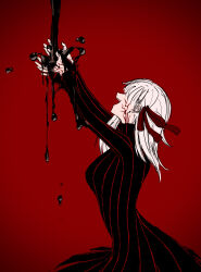  1girl absurdres black_liquid commentary_request corruption dark_sakura dress fate/stay_night fate_(series) hair_ribbon heaven's_feel highres matou_sakura open_mouth reaching red_background red_dress red_ribbon ribbon smile solo striped_clothes striped_dress tsubaki_(dofu0qeiqbnbfls) vertical-striped_clothes vertical-striped_dress white_hair 