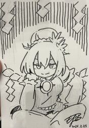  1girl closed_mouth commentary_request dated greyscale hair_bun hair_ornament highres layered_sleeves leaf_hair_ornament long_sleeves looking_at_viewer medium_hair mirror monochrome moyazou_(kitaguni_moyashi_seizoujo) rope shirt short_over_long_sleeves short_sleeves signature sitting skirt smile solo touhou traditional_media yasaka_kanako 