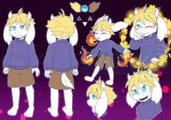  1boy 2019 2d aged_down animal_ears anthro aqua_eyes artist_name asgore_dreemurr barefoot black_background blonde_hair blush_stickers body_fur brown_shorts closed_eyes closed_mouth commentary commision cropped_shoulders cropped_torso cyaneworks dark_background delta_rune_(symbol) digital_media droopy_ears english_commentary fangs fire fire_breathing floppy_ears flower full_body furry furry_male goat goat_boy goat_ears goat_horns goat_tail gradient_background horns long_sleeves magic male male_focus male_only mammal monster monster_boy open_mouth outline purple_background purple_sweater pyrokinesis reference_sheet short_hair shorts solo standing sweater tail tail_tuft turnaround undertale utdr_(toby_fox) watermark white_fur white_horns white_outline yellow_flower 