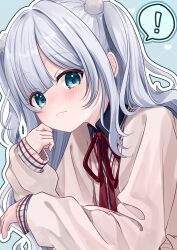  ! 1girl aqua_eyes blue_background brown_sweater closed_mouth commentary frown grey_hair grid_background hair_ornament hand_up highres kaga_sumire light_blush long_hair long_sleeves looking_at_viewer neck_ribbon outline pom_pom_(clothes) pom_pom_hair_ornament red_ribbon ribbon shagaihi solo speech_bubble spoken_exclamation_mark sweater two_side_up untranslatable_commentary upper_body v-neck virtual_youtuber vspo! white_outline wing_collar 