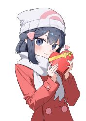  1girl absurdres beanie black_hair blush box closed_mouth coat commentary gift grey_eyes hair_ornament hairclip hands_up hat heart heart-shaped_box highres hikari_(pokemon) holding holding_gift kachi_5057 long_sleeves looking_at_viewer pokemon pokemon_dppt pokemon_platinum red_coat scarf sidelocks simple_background smile solo upper_body white_background white_hat white_scarf 