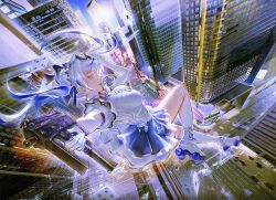  1girl absurdres aokumo_rin blue_eyes blue_hair blue_skirt breasts building city city_lights cityscape commentary_request elbow_gloves floating full_body gloves gun hayang_d highres holding holding_gun holding_weapon impossible_clothes korean_commentary large_breasts looking_at_viewer multicolored_hair open_mouth over-kneehighs pleated_skirt profile roller_skates sidelocks skates skirt skyscraper solo stellive sunglasses thigh-highs two-tone_hair virtual_youtuber weapon white_gloves white_hair white_thighhighs 