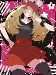  1girl black_thighhighs blonde_hair blush breasts closed_eyes commentary_request eyelashes eyewear_on_headwear fujiwara_hiro_(kaede_ciao) hat highres long_hair looking_at_viewer mega_ring open_mouth pokemon pokemon_day pokemon_xy red_hat red_skirt serena_(pokemon) shirt skirt sleeveless sleeveless_duster sleeveless_shirt smile solo sunglasses thigh-highs 
