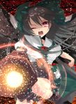  aiming_at_viewer arm_cannon bad_id black_hair bow brown_hair chirosuke firing foreshortening hair_bow highres pov_aiming red_eyes reiuji_utsuho solo touhou weapon wings wink 