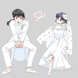  1boy 1girl bad_anatomy black_hair blue_hair braid bridal_veil bride brown_eyes commentary_request dress groom high_heels highres petticoat ranma_1/2 saotome_ranma shoes single_braid sitting suit takotakoagare85 tendou_akane veil wedding_dress white_dress white_shoes white_suit 