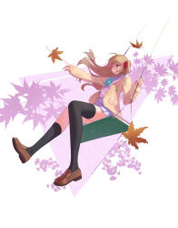  1girl absurdres ahoge aqua_bow aqua_bowtie asymmetrical_legwear autumn_leaves badge black_socks black_thighhighs blue_sailor_collar blue_skirt bow bowtie brown_hair brown_shoes button_badge cardigan commentary_request floating_hair from_side full_body hair_ornament hair_ribbon heart heart_hair_ornament highres leaf loafers long_hair long_sleeves miniskirt motherboard neuro-sama on_swing open_cardigan open_clothes parted_lips pleated_skirt red_ribbon ribbon sailor_collar shirt shirt_tucked_in shoes single_sock single_thighhigh skirt socks solo swing thigh-highs two_side_up uneven_legwear user_rnpj5258 vedal_ai virtual_youtuber white_shirt yellow_cardigan 