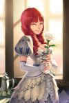  1girl bridal_gauntlets cleavage dragon_nest elbow_gloves fingerless_gloves flower gloves lena_(dragon_nest) long_hair looking_at_viewer lvans red_eyes red_hair redhead rose smile solo 