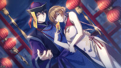  1boy 1girl beads black_hair brown_eyes brown_hair china_dress chinese_clothes dairoku_ryouhei dazai_kotoho dress dutch_angle hair_between_eyes hair_bun hanabusa_akira hand_on_another's_waist hat hetero highres holding holding_ofuda jiangshi_costume ofuda ofuda_on_head pink_ribbon ribbon short_hair smile somz_12 talisman violet_eyes 