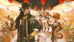  1girl 3boys aak_(arknights) animal_ears arknights black_coat black_hat black_shirt bouquet chinese_clothes chinese_commentary claws closed_mouth coat colored_tips commentary_request copyright_logo copyright_name copyright_notice detached_sleeves dragon_boy dragon_ears earrings fingerless_gloves fins fish_tail flower furry furry_female furry_male gloves hair_over_one_eye hat highres holding holding_bouquet horns huang_ji_shui_yang_suan hung_(arknights) jewelry komainu_boy komainu_ears komainu_tail lee_(arknights) logo looking_at_another looking_back multicolored_hair multiple_boys official_art one_eye_covered open_mouth pants pink_flower pink_rose profile red_flower red_rose rose round_eyewear scarf shirt single_horn skyline sleeveless sleeveless_shirt smile tail tiger_ears tiger_girl tiger_stripes tiger_tail waai_fu_(arknights) watermark weibo_watermark white_coat white_gloves white_pants yellow_gloves yellow_scarf 
