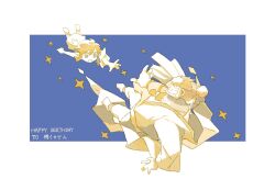  26_zzzzzz 2boys blue_background blue_eyes boots bright_pupils commentary_request copyright_request deformed flying full_body ganondorf gift_art hair_bun happy happy_birthday highres large_nose limited_palette link male_focus medium_hair multiple_boys open_mouth outstretched_arm pants pointy_ears reaching reaching_towards_another robe smile sparkle the_legend_of_zelda translation_request 