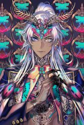  1boy :| absurdres alternate_costume antennae aqua_butterfly black_background black_hands black_jacket blue_eyes blue_gem bracer bug butterfly butterfly_background butterfly_brooch butterfly_hair_ornament butterfly_ornament chest_tattoo closed_mouth colored_extremities commentary crystal_earrings cuff_links dark-skinned_male dark_skin ear_piercing earrings embroidery eyelashes eyeshadow eyeshadow_under_eye fake_antennae fingernails flipped_hair flower_tattoo forehead_jewel gem gold gold_nails gold_trim gradient_butterfly hair_ornament half_updo hand_up heterochromia highres ibrahim_(nijisanji) jacket jewelry lapels long_fingernails long_hair long_sleeves looking_at_viewer makeup male_focus melting mismatched_earrings neck_tattoo nijisanji no_shirt official_artist_extra open_clothes open_jacket parted_bangs patterned_background patterned_hair piercing pink_butterfly pink_gem ponytail ringed_eyes sharp_fingernails solo straight-on takerunamito tattoo untranslatable_commentary upper_body v-shaped_eyebrows virtual_youtuber white_hair yellow_butterfly yellow_eyes 