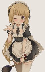  1girl ;o apron black_dress black_ribbon blush brown_eyes brown_hair cowboy_shot dress duster frilled_apron frilled_dress frills hand_up holding holding_duster long_hair looking_at_viewer low_ponytail maid maid_headdress michii_yuuki neck_ribbon one_eye_closed open_mouth original ponytail ribbon short_dress short_sleeves simple_background solo thigh-highs waist_apron white_apron white_background white_thighhighs zettai_ryouiki 