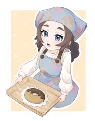  1girl :d absurdres ansha_(pokemon) apron blue_apron blue_eyes border brown_hair commentary_request donut_print doughnut eyelashes food food_print highres holding long_hair long_sleeves lower_teeth_only open_mouth outline pokemon pokemon_legends:_z-a print_apron shirt smile solo teeth white_border white_shirt yellow_background yufusaru 