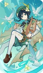  1boy aqua_eyes aqua_hair aqua_ribbon bad_source beret bird black_bow black_bowtie black_hair blue_sky bow bowtie braid brown_corset brown_shoes cape capelet cecilia_flower_(genshin_impact) closed_mouth clouds corset day dove falling_petals feathers floating_hair flower flying frilled_sleeves frills genius_invokation_tcg_(style) genshin_impact gradient_hair green_cape green_capelet green_hat green_shorts hair_between_eyes hair_flower hair_ornament hand_up hat holding holding_instrument holding_lyre instrument loafers long_sleeves looking_at_viewer lyre male_focus medium_hair multicolored_hair official_art outdoors pantyhose petals pom_pom_(clothes) puffy_shorts ribbon shirt shoes short_shorts shorts side_braids sky smile solo twin_braids two-sided_cape two-sided_fabric venti_(genshin_impact) white_flower white_pantyhose white_shirt windmill 