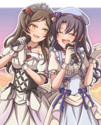  2girls :d ^_^ armpit_crease beret black_hair blue_dress blue_hat blurry blurry_background blush brown_hair center_frills closed_eyes commentary_request cowboy_shot detached_sleeves dress frilled_gloves frilled_sleeves frills ganbarai gingham_hat gloves grey_tiara hat holding holding_microphone idolmaster idolmaster_million_live! kitazawa_shiho looking_at_another microphone multiple_girls open_mouth outline puffy_short_sleeves puffy_sleeves raised_inner_eyebrows short_sleeves simple_background smile strapless strapless_dress takayama_sayoko teeth tiara upper_teeth_only white_background white_gloves white_outline yellow_eyes 