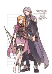  1boy 1girl arm_around_shoulder blonde_hair book boots bow_(weapon) braid breasts cape closed_mouth commentary_request curtained_hair dated english_text fire_emblem fire_emblem:_the_blazing_blade full_body gloves grey_cape grey_hair highres holding holding_book holding_bow_(weapon) holding_weapon long_hair looking_at_viewer louise_(fire_emblem) low-tied_long_hair medium_breasts open_mouth parted_bangs pent_(fire_emblem) pink_cape ponytail sayu030b signature simple_background single_braid skirt smile thigh_boots thighs twitter_username violet_eyes weapon white_background white_boots 