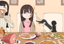  2girls afterimage alcohol animal annoyed beak bird black_hair blush_stickers bread broccoli canada_goose commentary corn corn_cob cup dinner drinking_glass english_commentary food food_on_face food_on_hair fork fried_rice frown goose ham highres holding holding_fork indoors knife meat multiple_girls original pancake pink_shirt plate ribbed_sweater shirt spill spitting sweater sweetbreadyay thanksgiving v-shaped_eyebrows wine wine_glass 